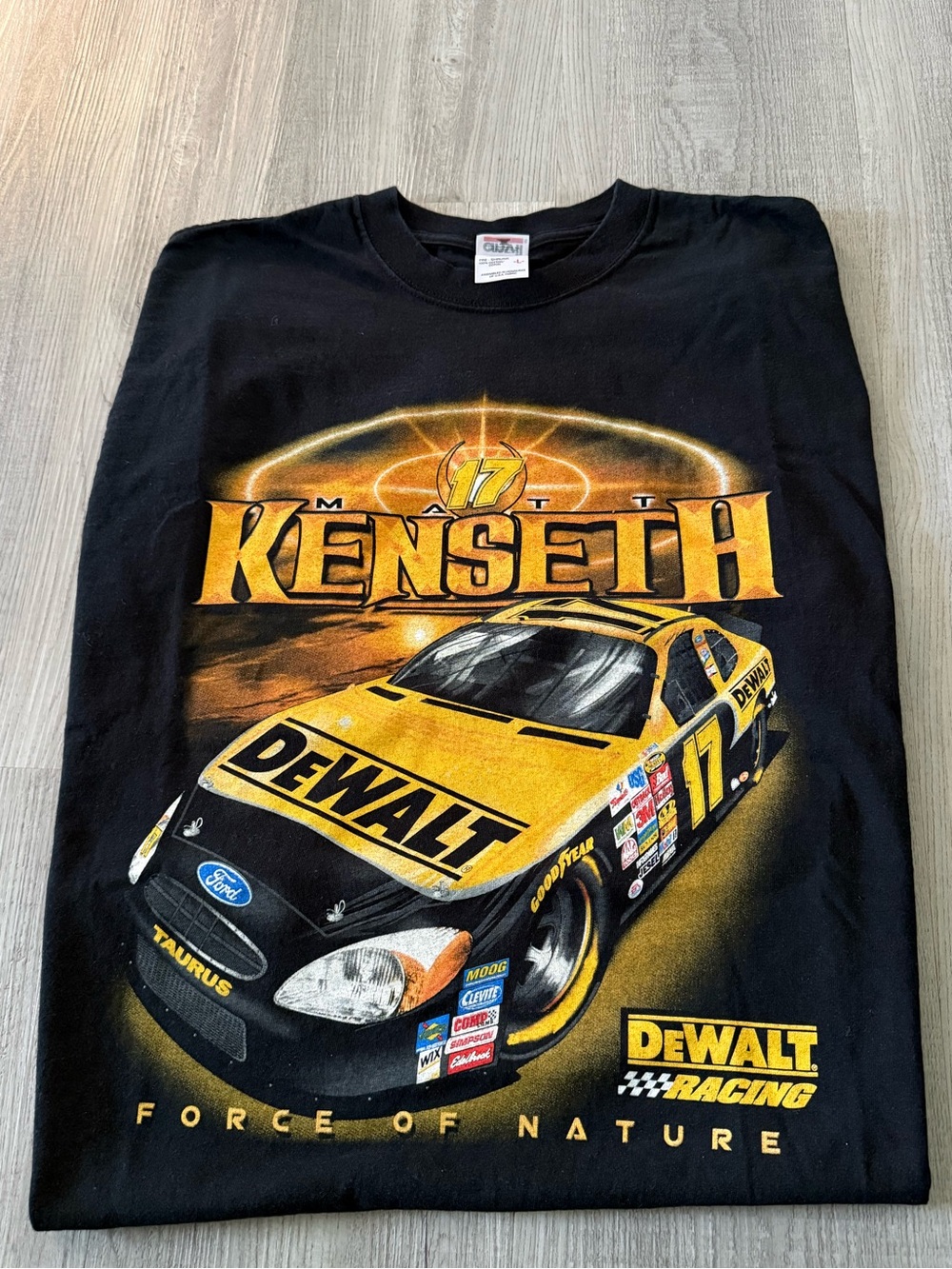 Vintage 2000s Anvil Black and Yellow Kenseth DeWALT Carhartt Racing Graphic Tee